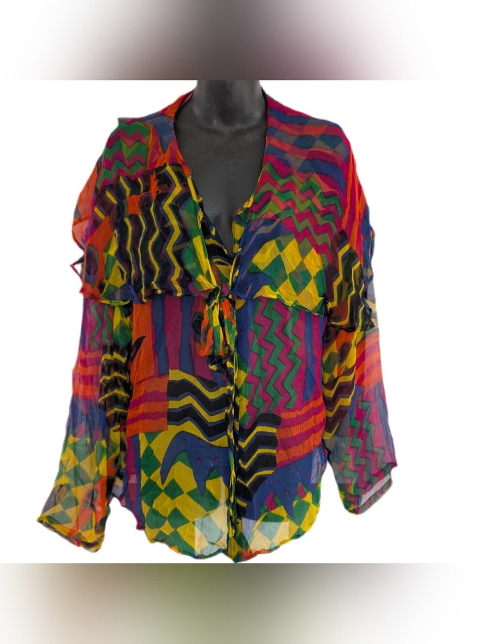 Vintage Fiori Sheer Rayon Color Block Blouse Medium